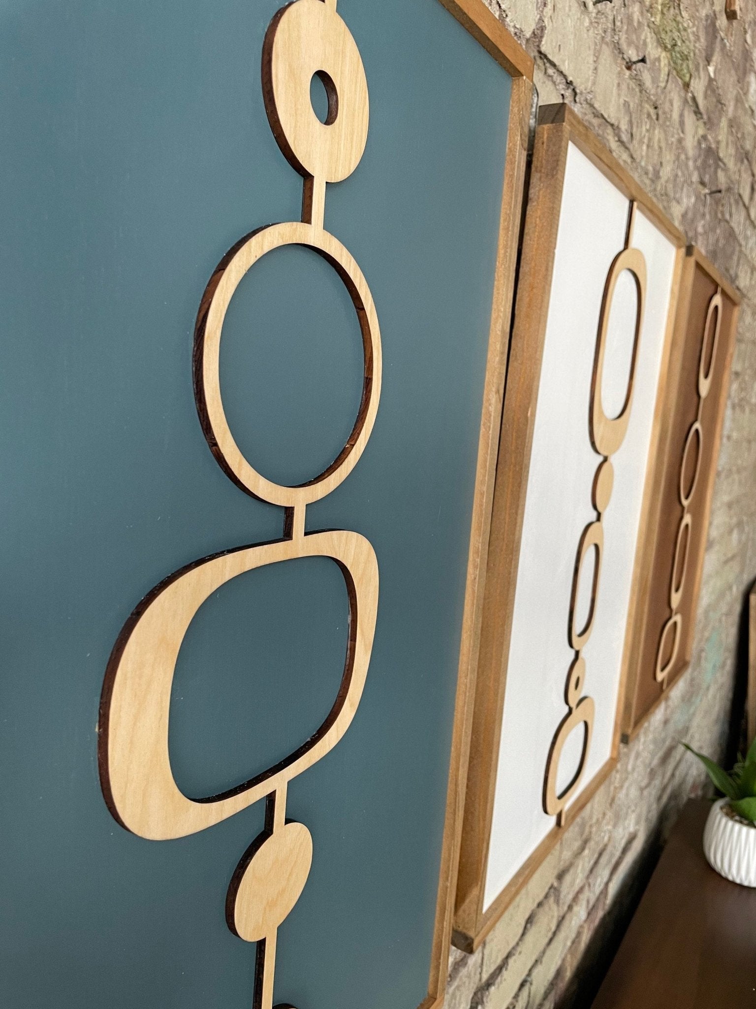 3-Piece Mid Century Modern Blue Grey and Brown Axiom Wood Wall Art