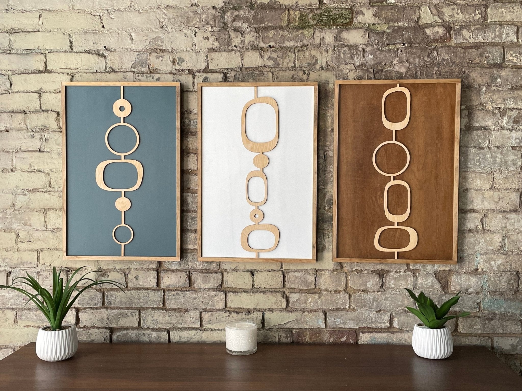 3-Piece Mid Century Modern Blue Grey and Brown Axiom Wood Wall Art