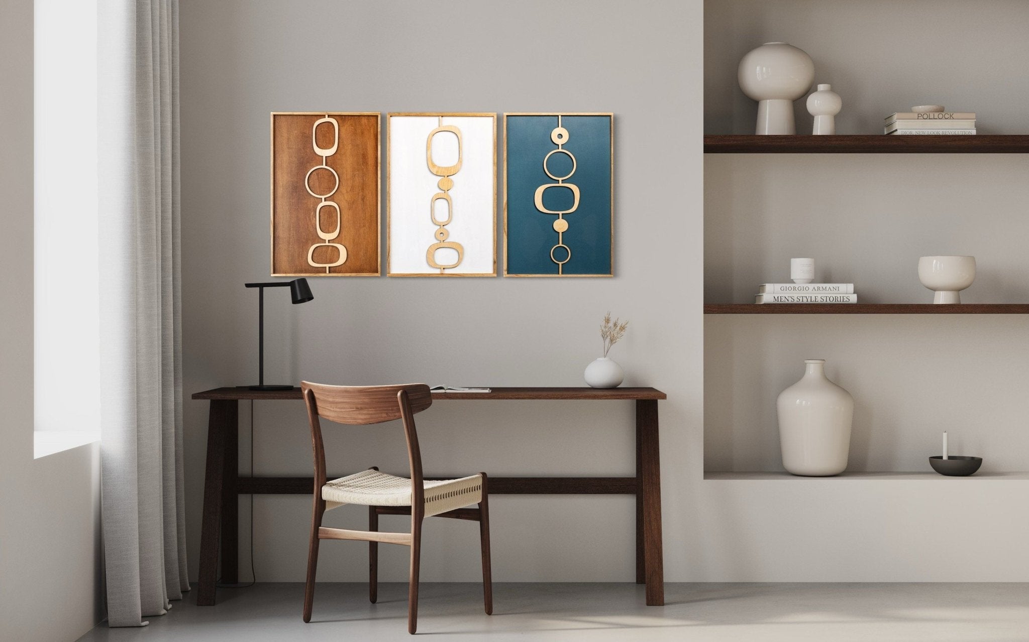 3-Piece Mid Century Modern Blue Grey and Brown Axiom Wood Wall Art