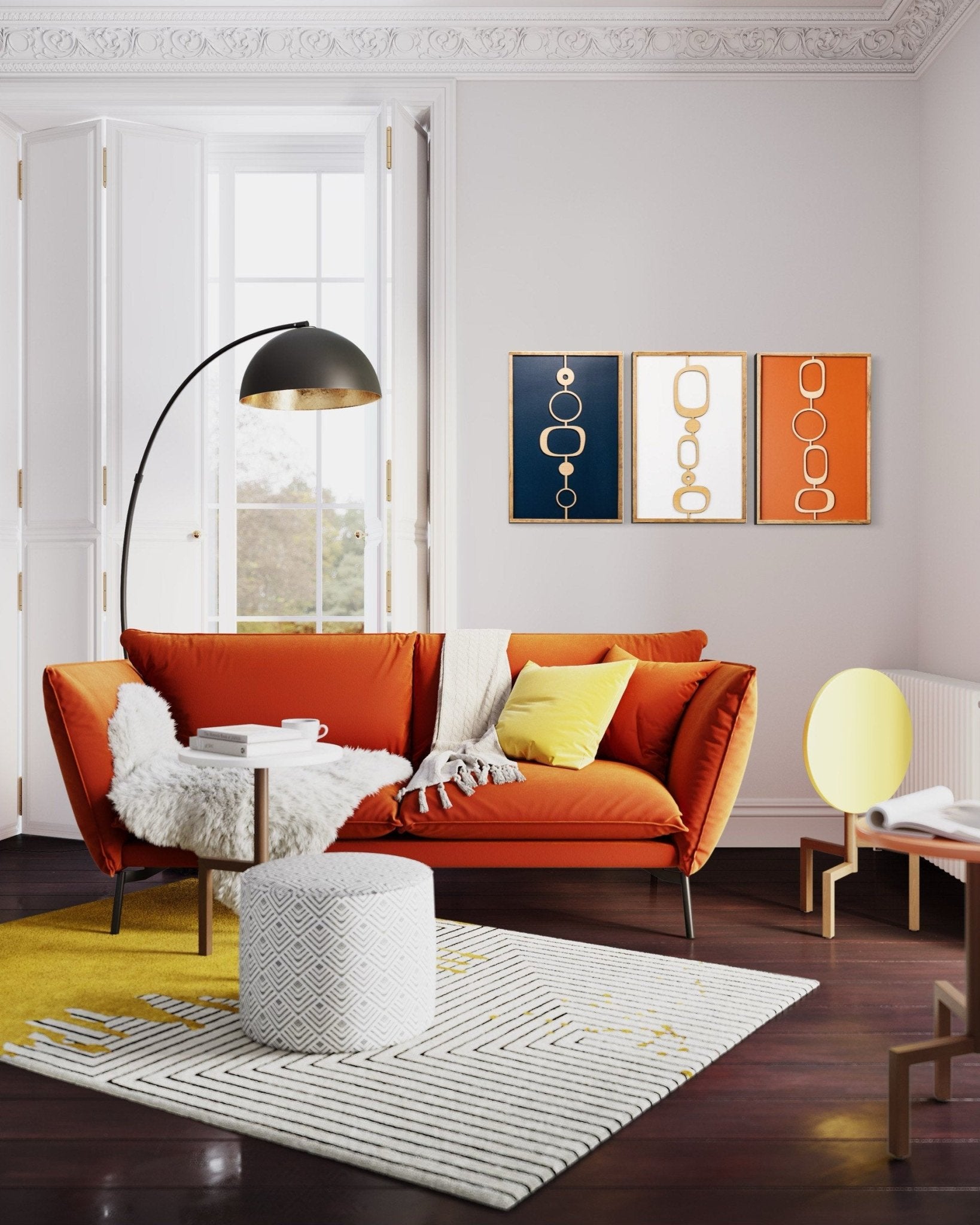 3-Piece Mid Century Modern Orange and Dark Blue Axiom Wood Wall