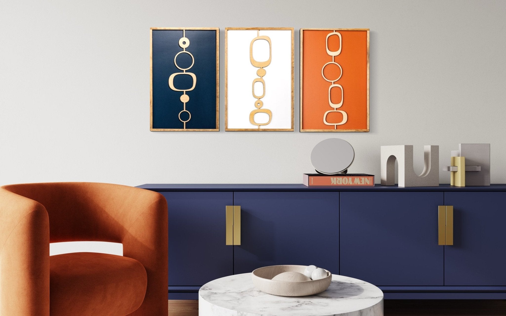 3-Piece Mid Century Modern Orange and Dark Blue Axiom Wood Wall