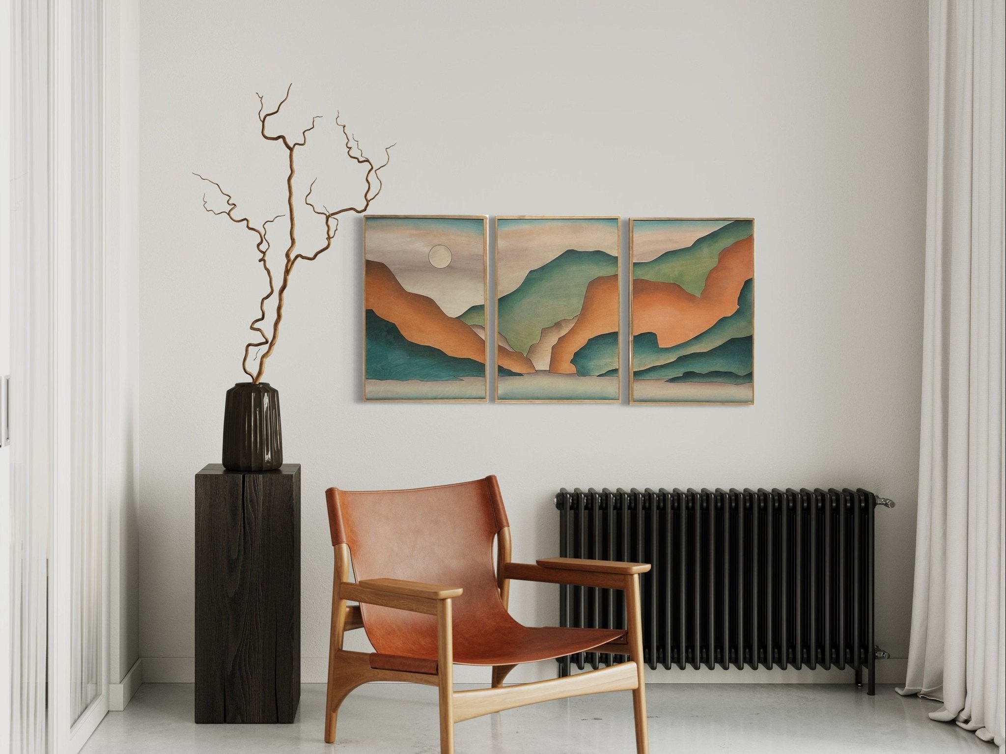 3-Piece Orange and Teal Mountain Cliff Landscape Wood Wall Art Set