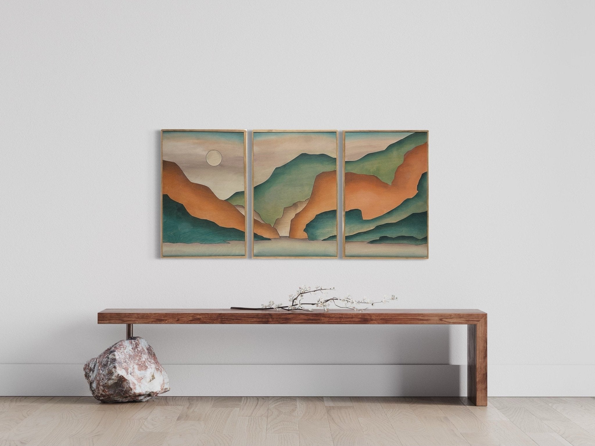 3-Piece Orange and Teal Mountain Cliff Landscape Wood Wall Art Set
