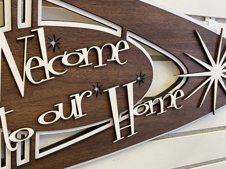 Atomic Mid Century Modern Wood Welcome to Our Home Sign - Vintage Adventures, LLC