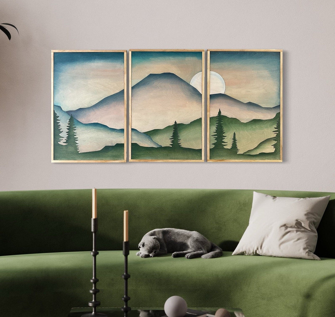 Boho Mountain Wood Wall art | Forest mountain landscape wall decor | modern living room decor - Vintage Adventures