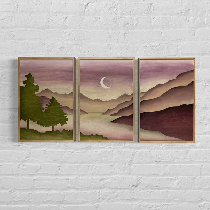 Boho Mountain Wood Wall | Modern Landscape Wall Hanging | Crescent Moon Mountain Watercolor Wood Wall Art Gallery - Vintage Adventures