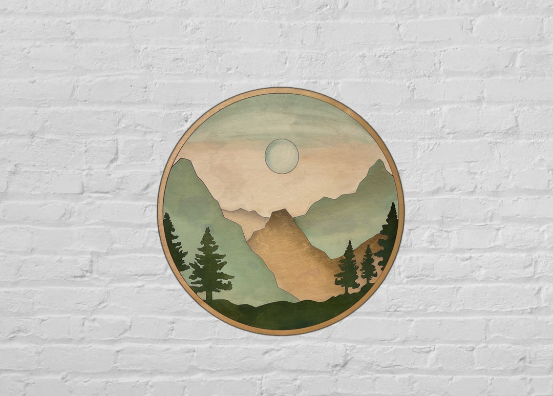 Boho Orange and Green Mountain and Forest Sunlight Round Wood Wall Art - Vintage Adventures, LLC