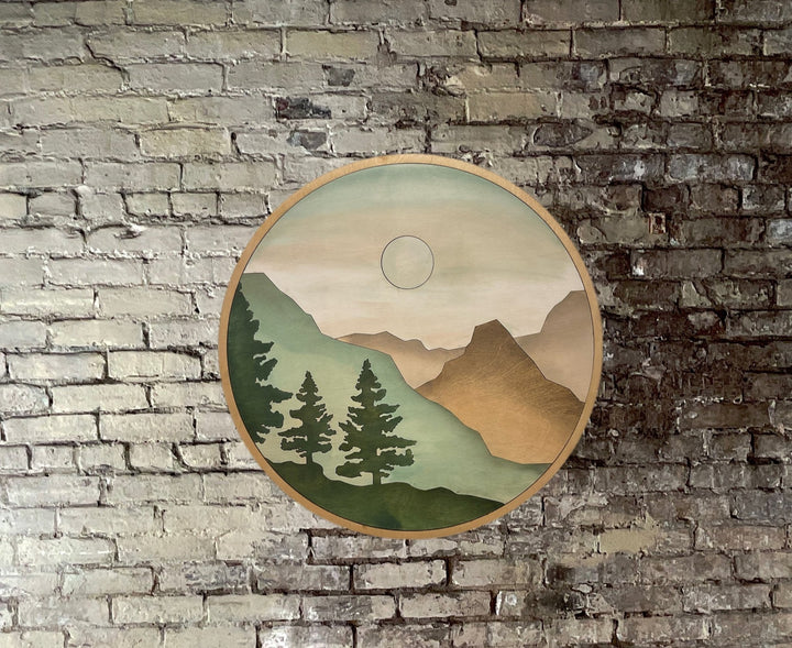 Boho Orange and Green Mountain and Forest Sunlight Round Wood Wall Art - Vintage Adventures, LLC