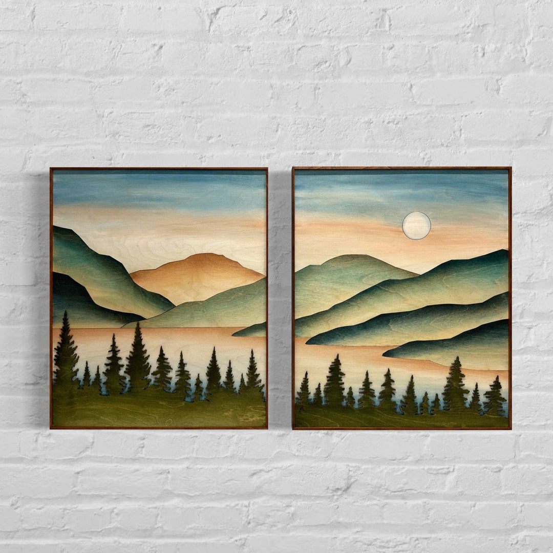 Boho Wood Mountain Lake Watercolor Art | Large 3D Wooden Mountain Stream Wall Hanging | 2 piece Gallery Wall Art Decor for Living Room - Vintage Adventures