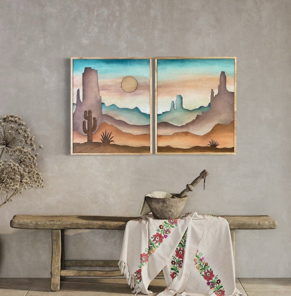Cactus Wall Art - Stunning Hand-Painted Desert Landscape Wall Art - Minimalist Wall Art & Southwestern Art for Living Room Boho Home Decor - Vintage Adventures