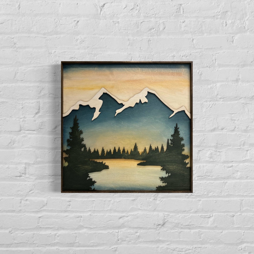 Forest Stream Wood Wall Art | Sunset Wilderness Wooden Wall Hanging | 3D Mountain Cabin Gift for Him - Vintage Adventures