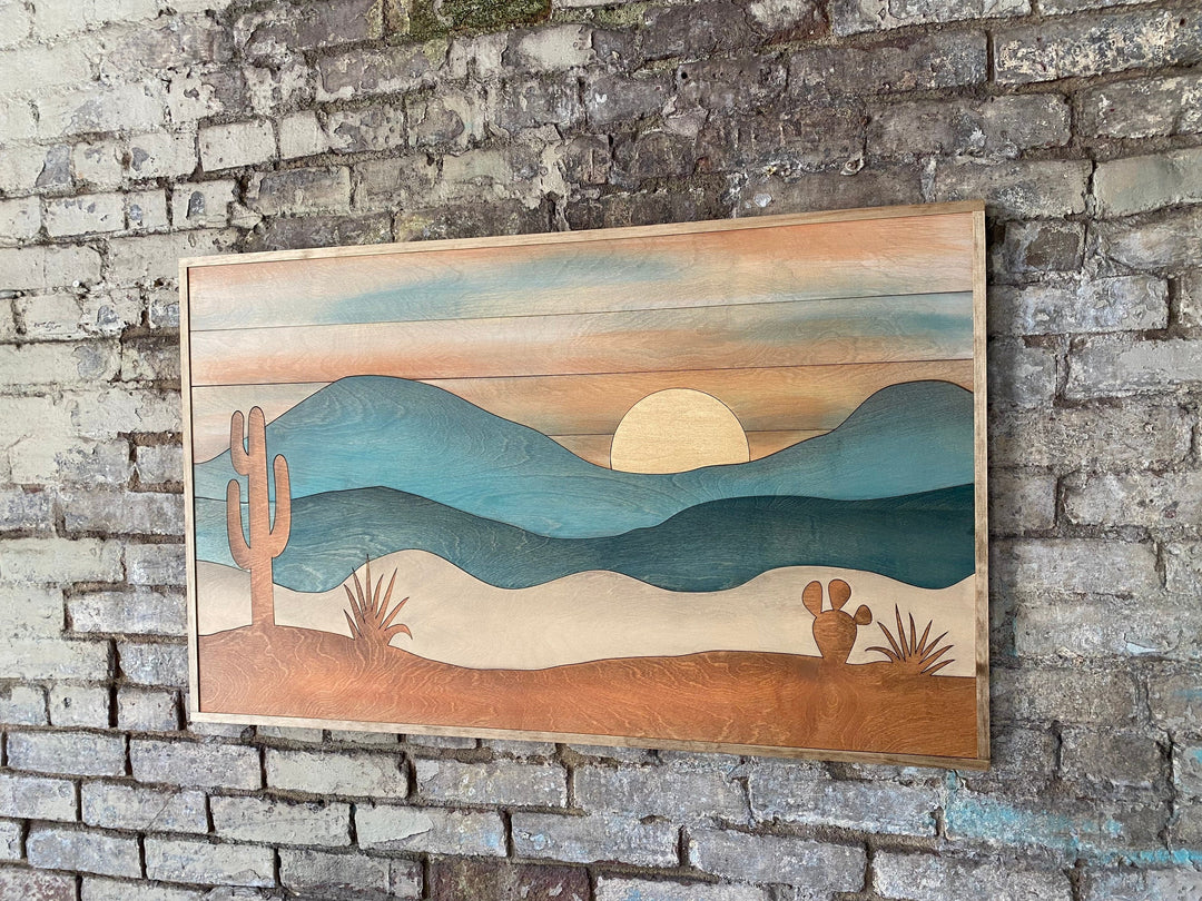 Southwest Desert Cactus Boho Wood Wall Art | Laser Cut Wall Art | Sunset Wall Hanging | Minimalist Framed Wall Art