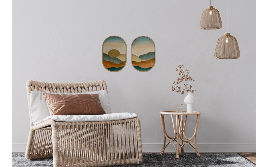 Oval Boho Wood Wall Art | Abstract Mountain Wall Hanging | Modern Landscape Art for Nursery