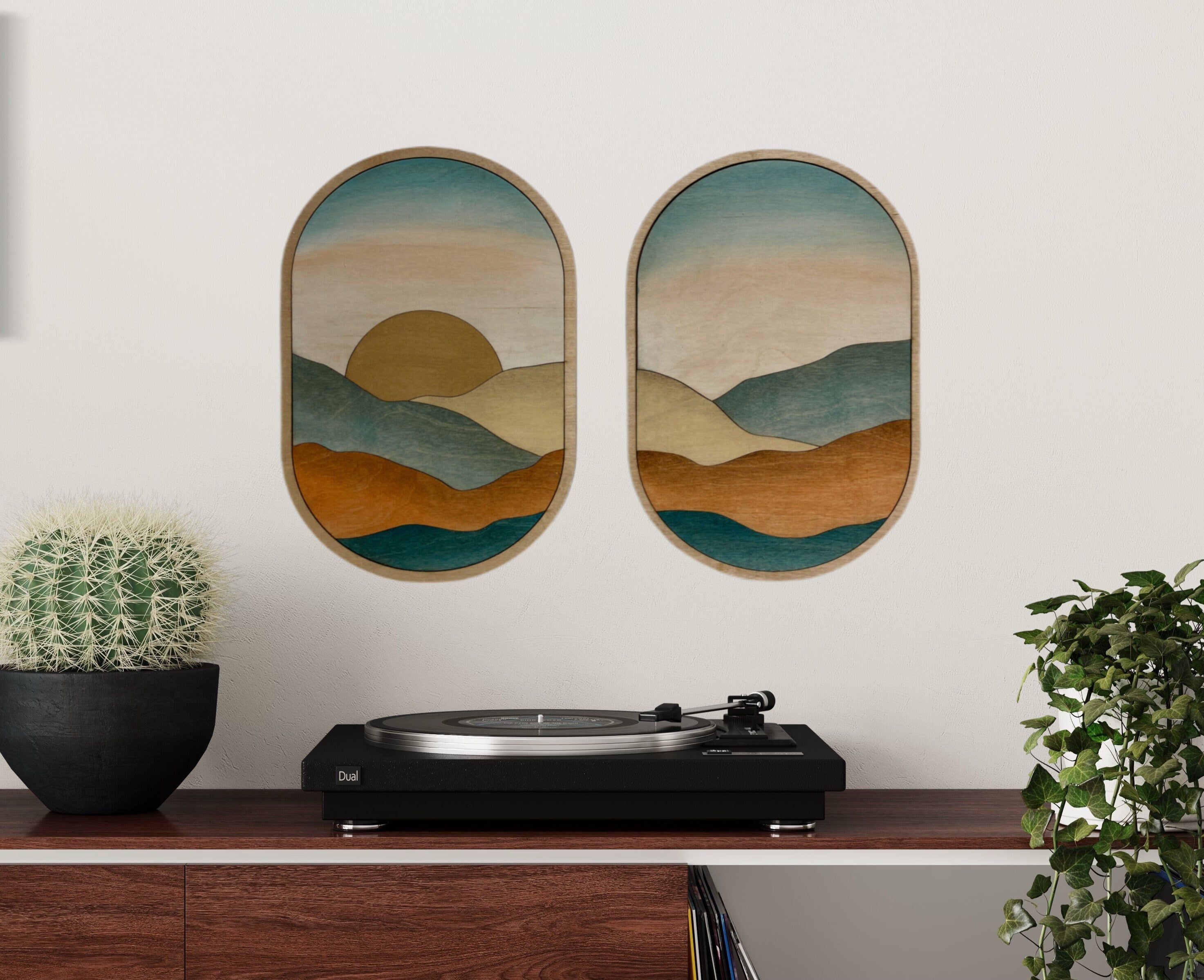 2-Piece Teal and Orange Oval Boho Wood Wall Art - Vintage