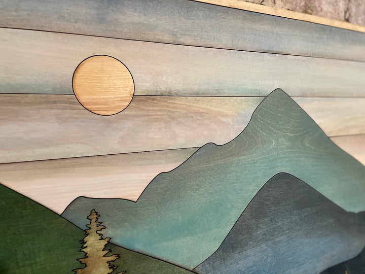 Large Rustic Blue Boho Mountain Scene Wood Wood Wall Art - Vintage Adventures, LLC