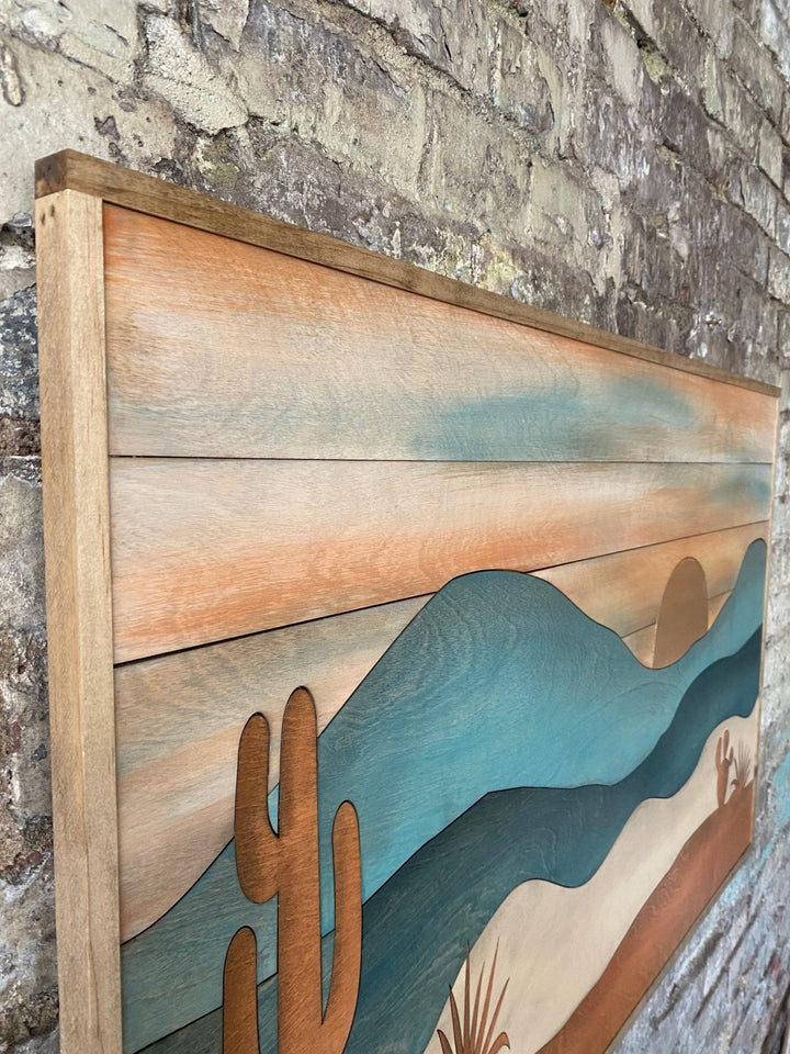 Large Southwest Desert Cactus and Mountain Landscape Wood Wall Art - Vintage Adventures, LLC