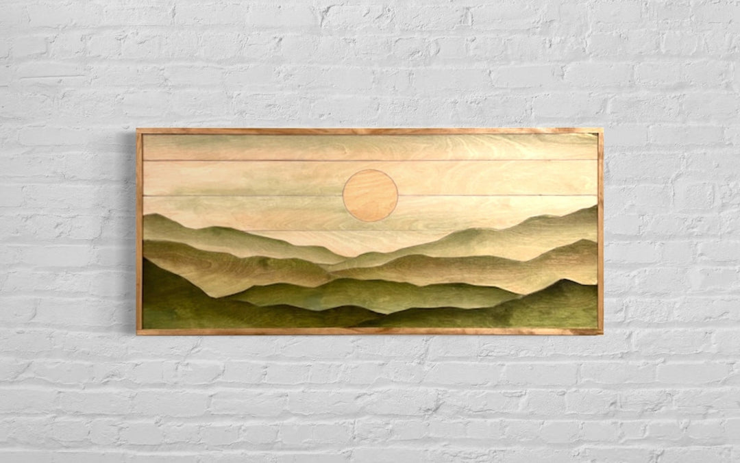 Long Boho Green Sunset Mountain Wood Wall Art - Vintage Adventures, LLC