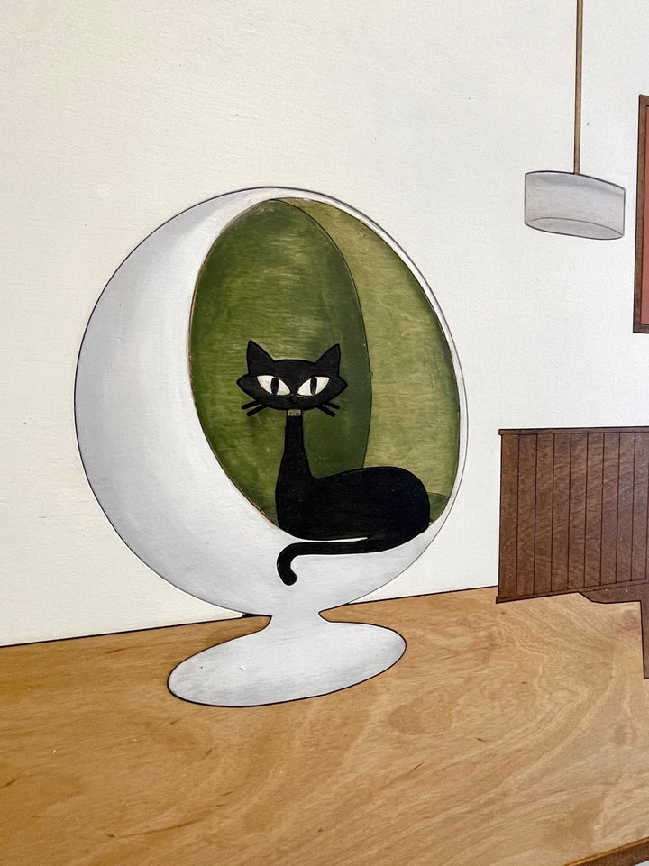 Mid Century Modern Atomic Cat Living Room Scene Wood Wall Art - Vintage Adventures, LLC