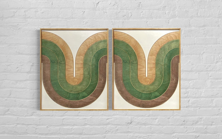 Mid Century Modern Wood Wall Art | Retro Wall Hanging | 2-Piece Set | Wave Pattern Art | Green and Tan Watercolor Art - Vintage Adventures