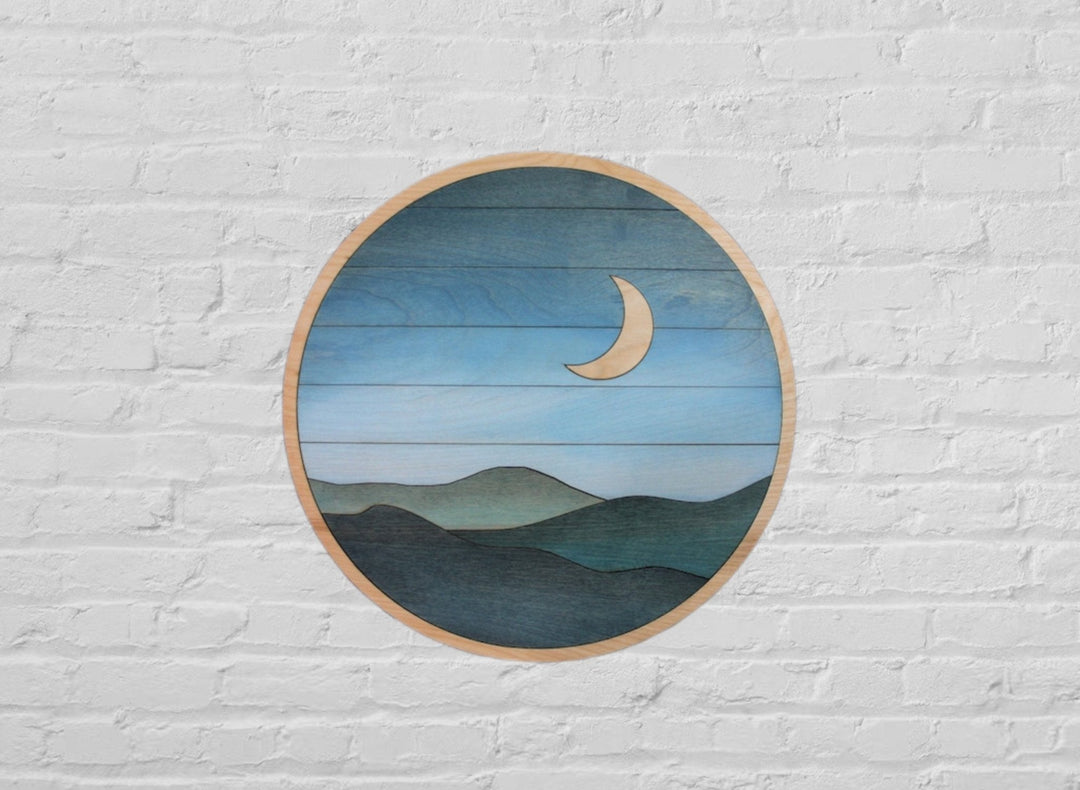 Moon and Hills Round Wood Wall Art - Vintage Adventures, LLC