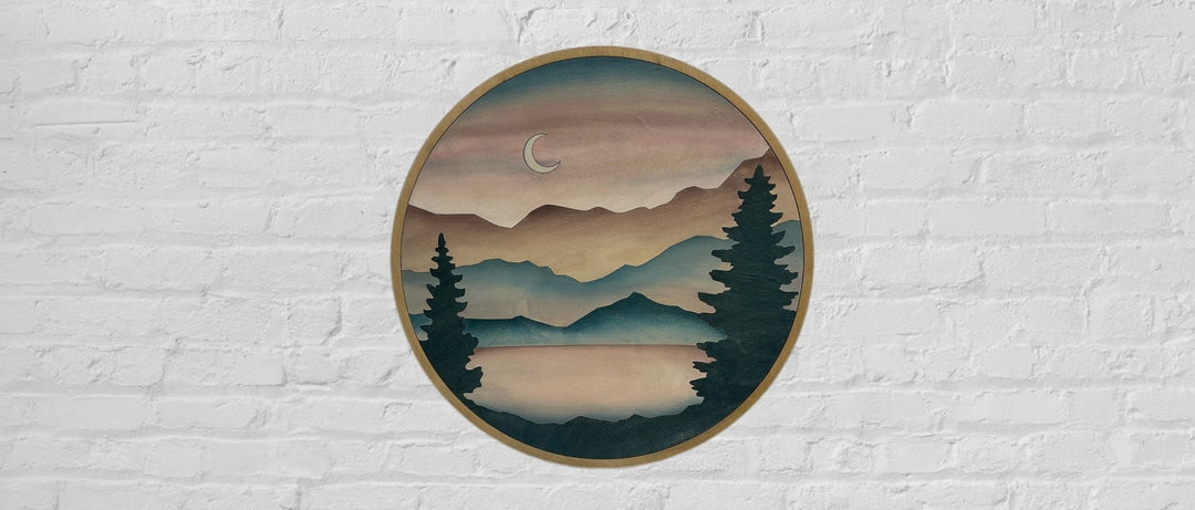 Mountain and Forest Moon and Sky Round Wood Wall Art - Vintage Adventures, LLC