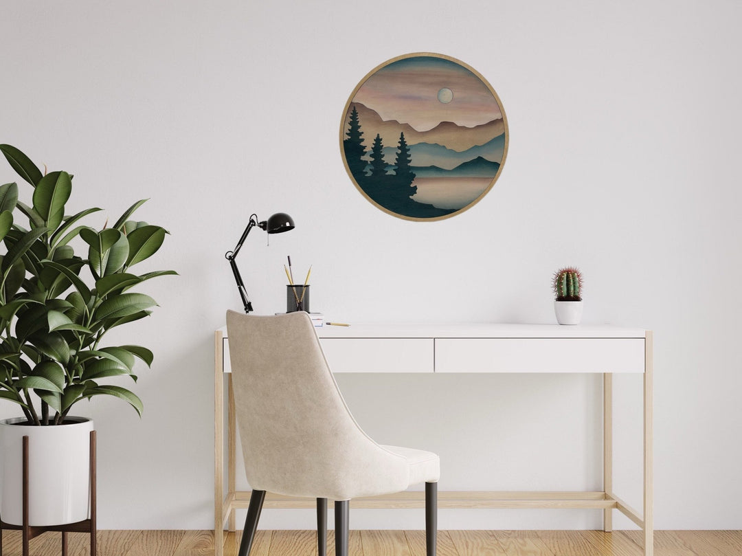 Mountain and Trees Sunlight Landscape Round Wood Wall Art - Vintage Adventures, LLC