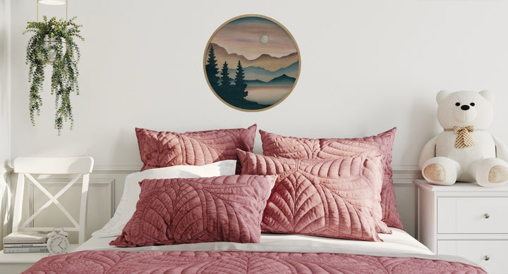 Mountain and Trees Sunlight Landscape Round Wood Wall Art - Vintage Adventures, LLC