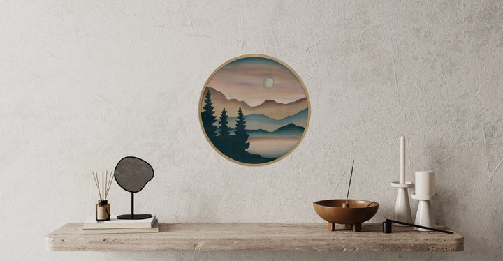 Mountain and Trees Sunlight Landscape Round Wood Wall Art - Vintage Adventures, LLC