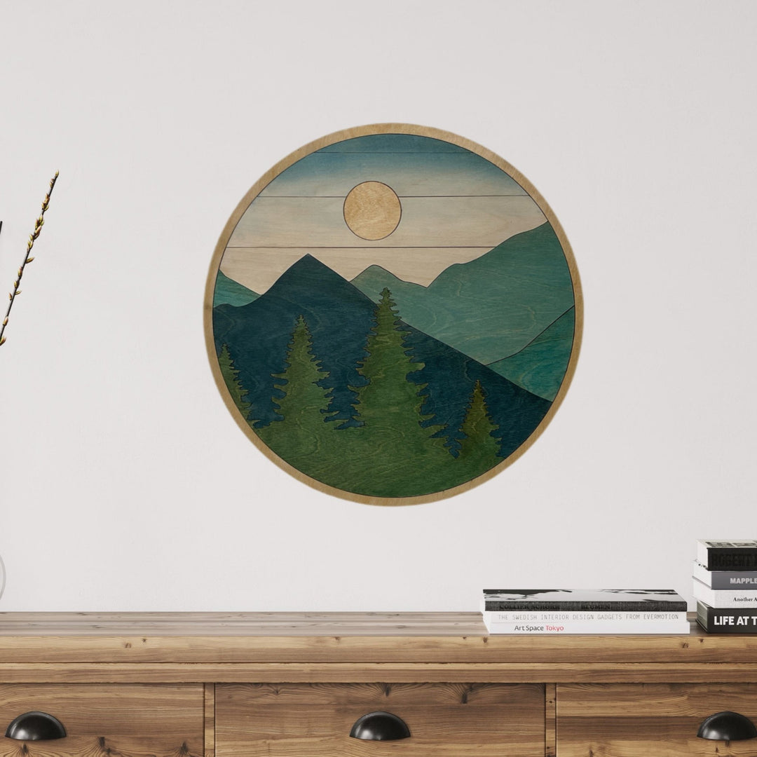 Mountain and Trees Sunlight Round Wood Wall Art - Vintage Adventures, LLC