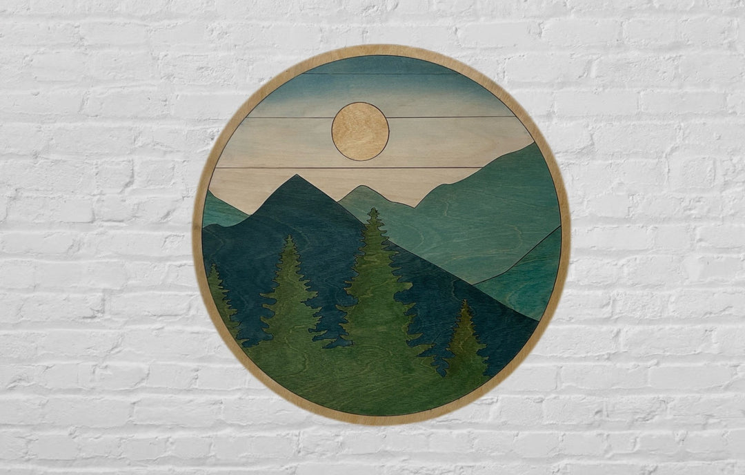 Mountain and Trees Sunlight Round Wood Wall Art - Vintage Adventures, LLC