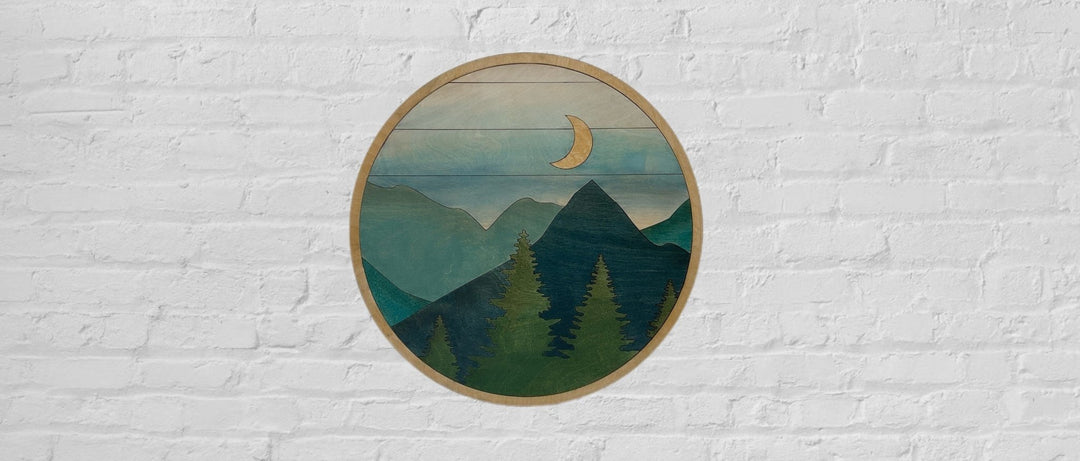 Mountain Moon and Trees Landscape Round Wood Wall Art - Vintage Adventures, LLC