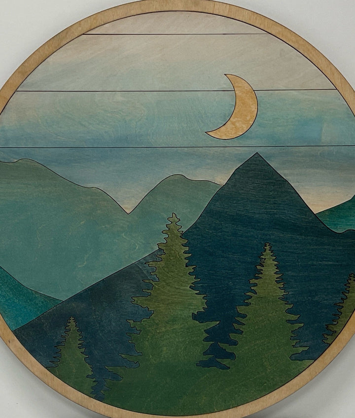 Mountain Moon and Trees Landscape Round Wood Wall Art - Vintage Adventures, LLC