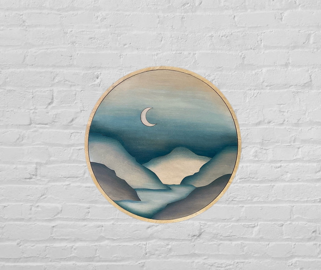 Nordic Mountain Moon Night Sky Round Wood Wall Art - Vintage Adventures, LLC