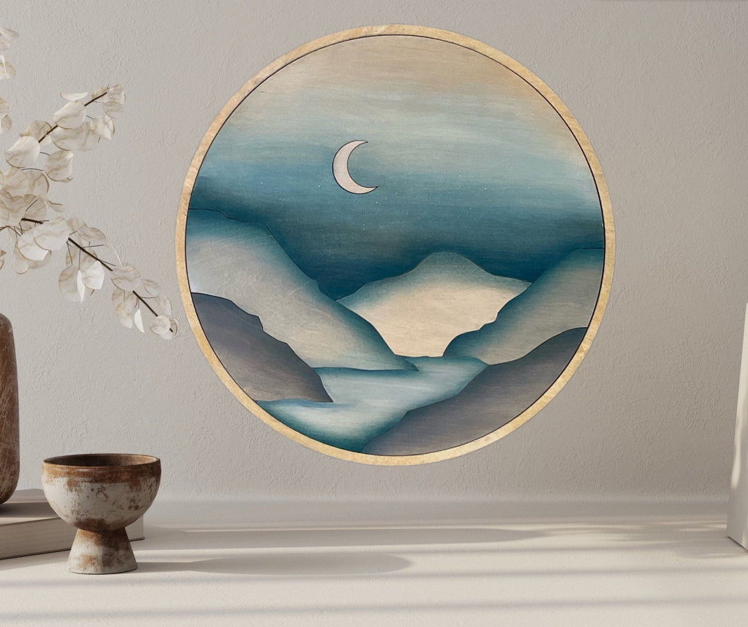 Nordic Mountain Moon Night Sky Round Wood Wall Art - Vintage Adventures, LLC