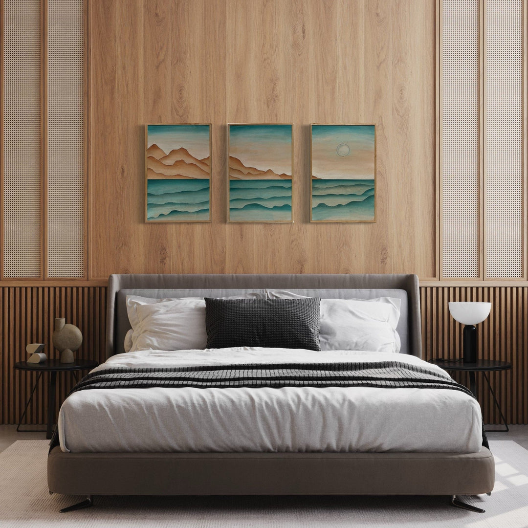 Ocean Beach Landscape Wood Wall Art Set | 3-Piece Framed Coastal Wood Wall Hanging | Boho Lake Landscape Wall Art for Home Décor - Vintage Adventures