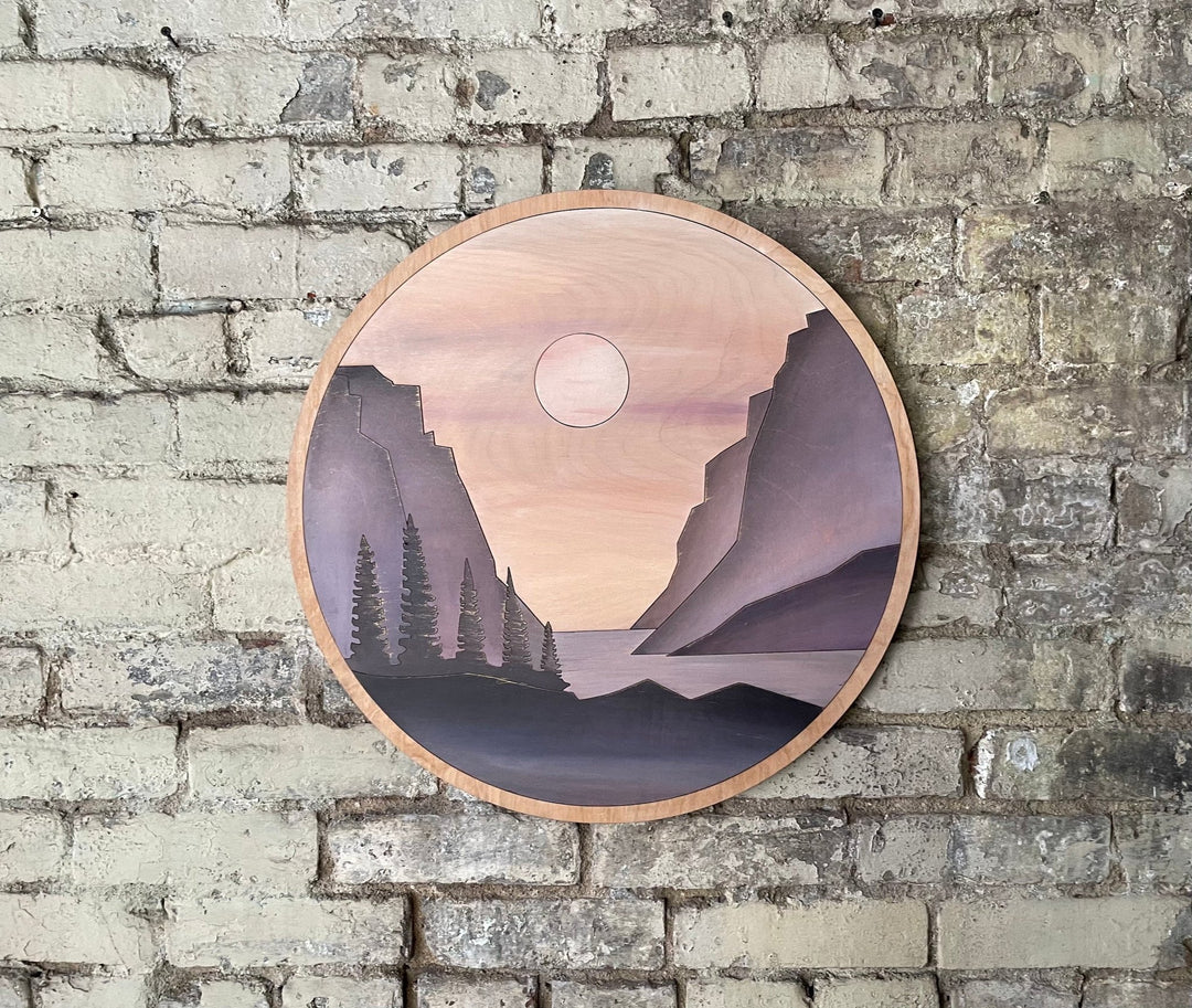 Purple Mountain Valley Landscape Round Wood Wall Art - Vintage Adventures, LLC