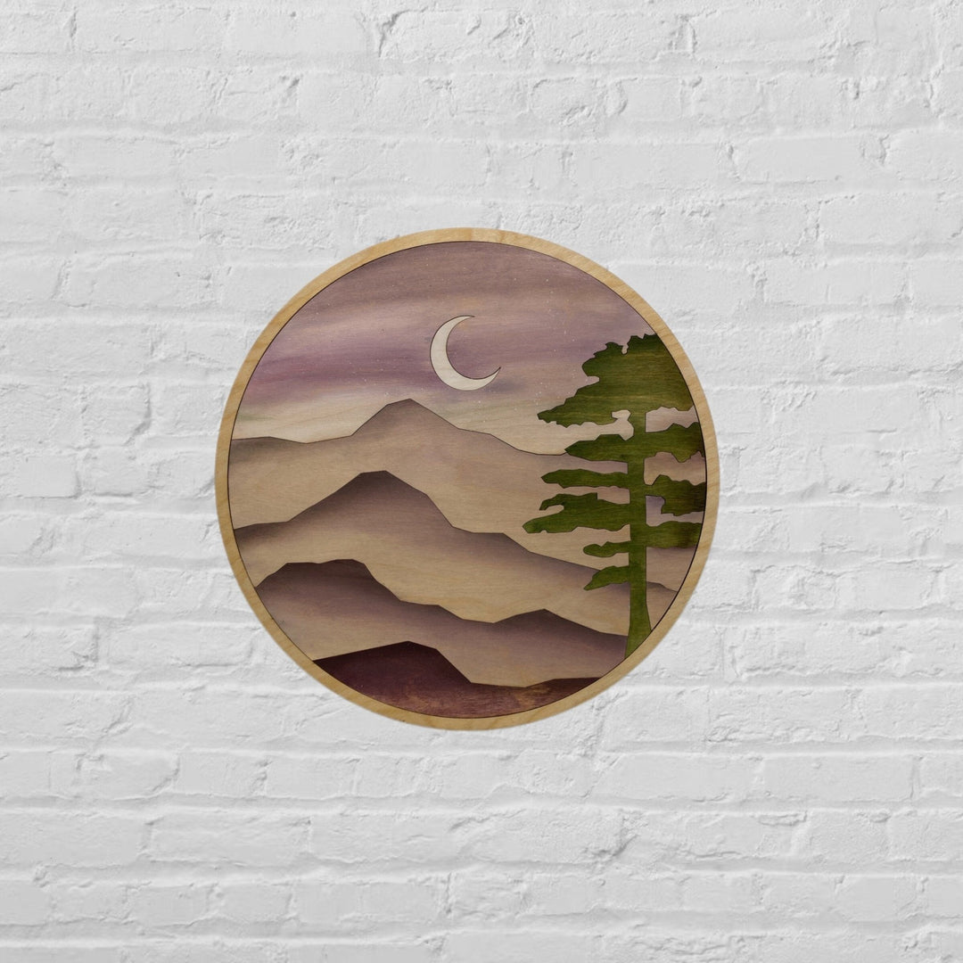 Purple Round Mountain moon | circle Trees Wood Wall Art | Boho Mountain and Tree Wood Wall Art | Round Wall Art for Living Room - Vintage Adventures