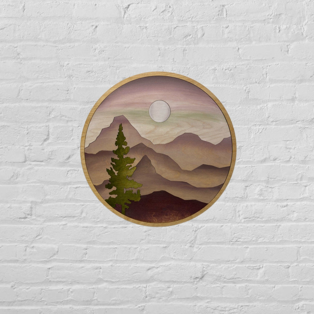 Purple Round Mountain Sun Trees Wood Wall Art | Boho Mountain and Tree Wood Wall Art | Round Wall Art for Living Room - Vintage Adventures