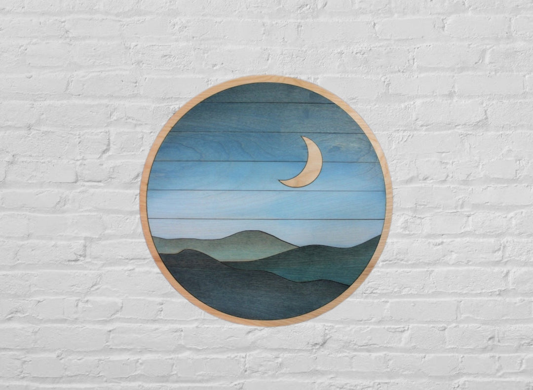 Round Moon Mountain Wood Wall Art | Boho Circle Wall Hanging | Wooden Wall Hanging for Small Spaces - Vintage Adventures