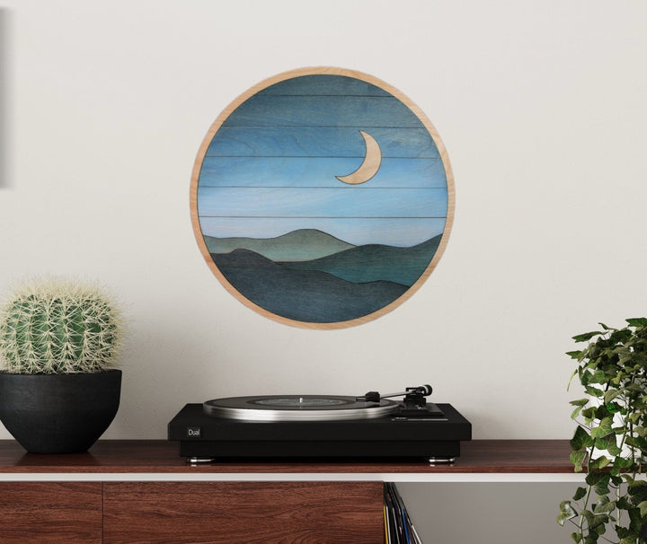 Round Moon Mountain Wood Wall Art | Boho Circle Wall Hanging | Wooden Wall Hanging for Small Spaces - Vintage Adventures