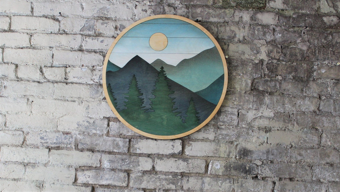 Round Mountain Sun Trees Wood Wall Art | Boho Mountain and Tree Wood Wall Art | Round Wall Art for Living Room - Vintage Adventures