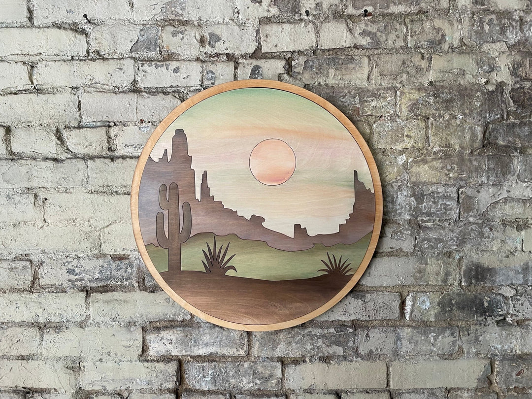 Southwest Desert Mountain Landscape Round Wood Wall Art - Vintage Adventures, LLC