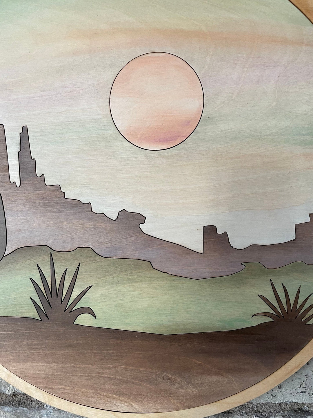 Southwest Desert Mountain Landscape Round Wood Wall Art - Vintage Adventures, LLC