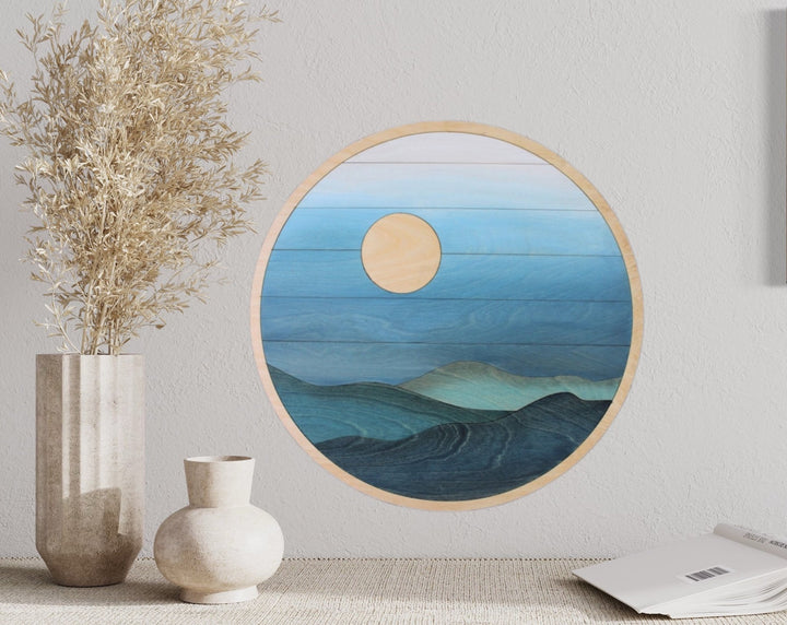 Sun and Hills Round Wood Wall Art - Vintage Adventures, LLC