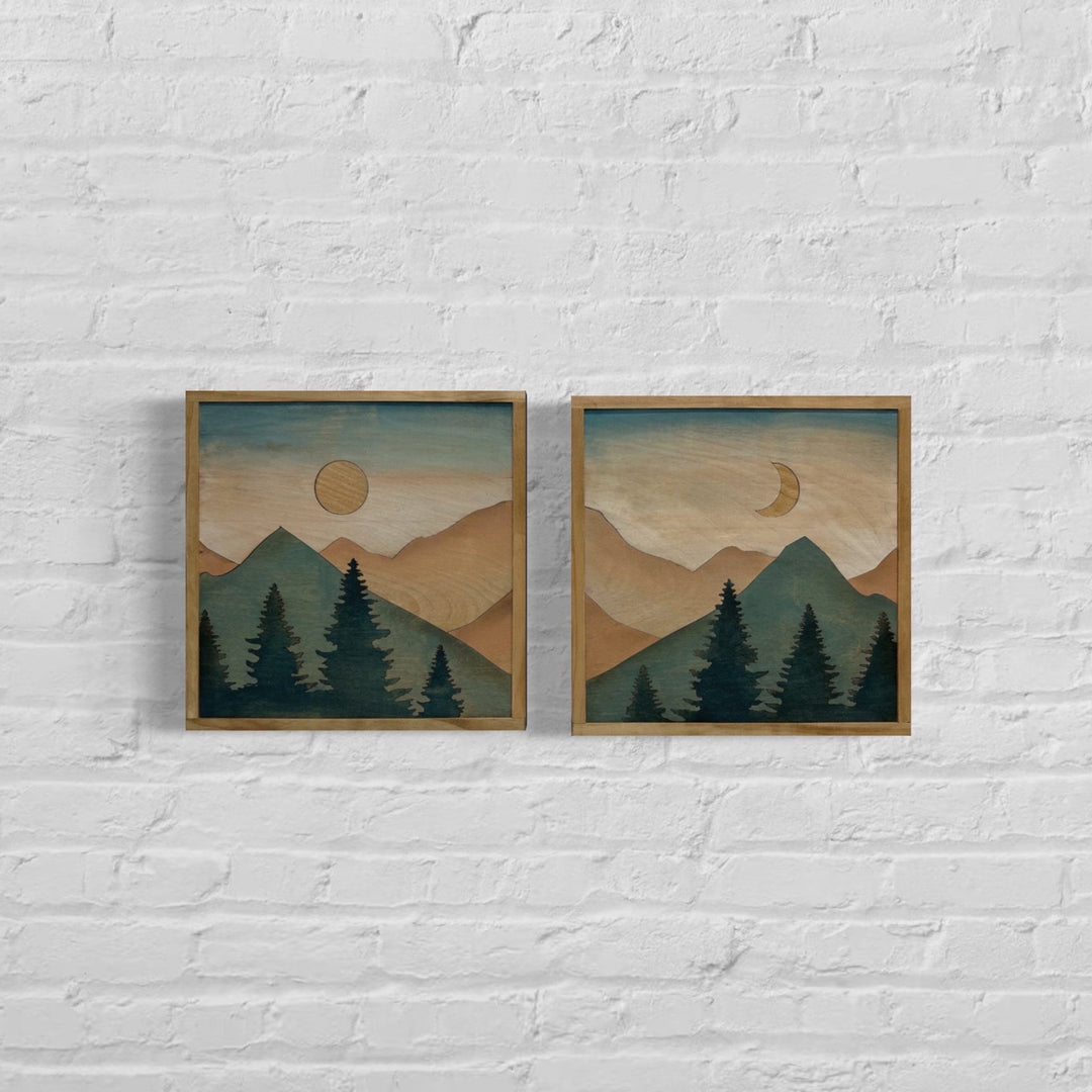 Teal Mountain Wood Wall Art | Boho Nursery Wall Hanging | 2 Piece Hand Painted Wooden Wall Décor - Vintage Adventures